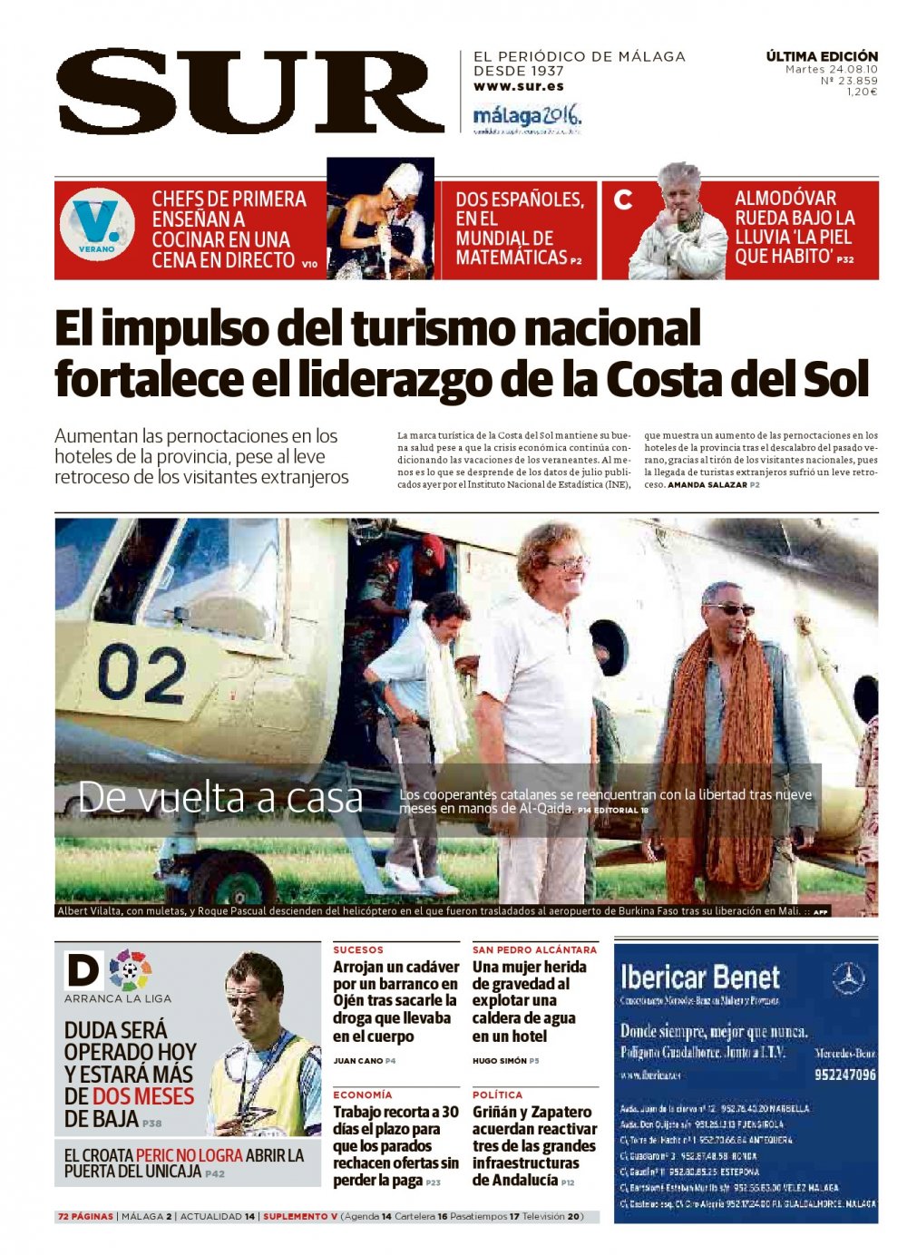 Portada de SUR, 24 de Agosto de 2010