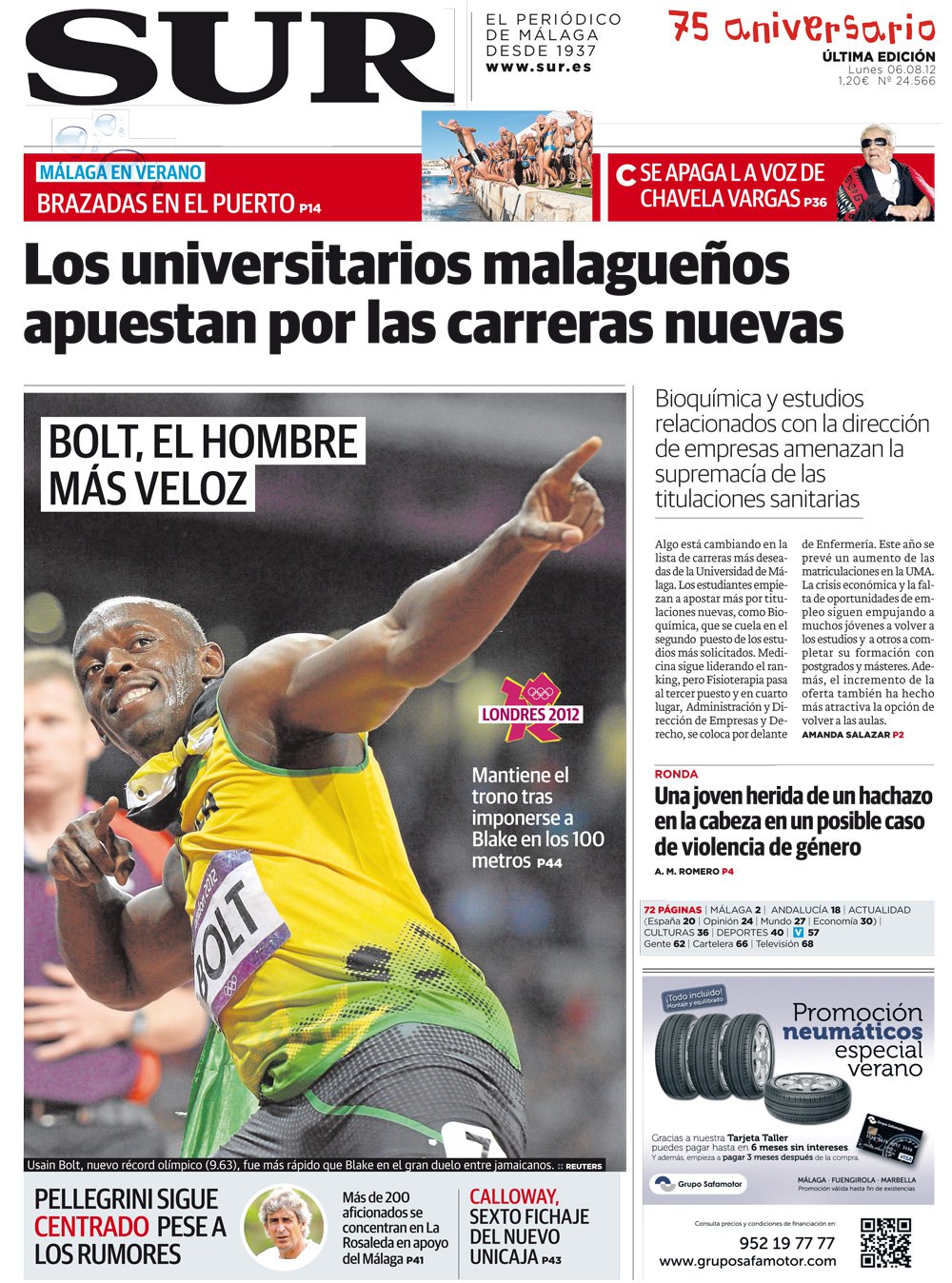 Portada de SUR, 06 de Agosto de 2012