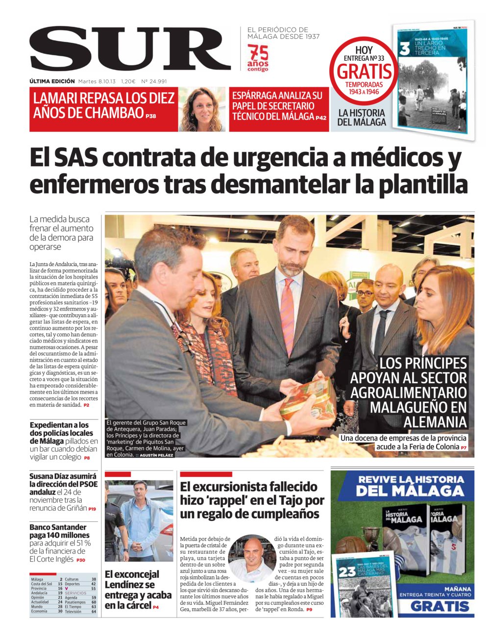 Portada de SUR, 08 de Octubre de 2013