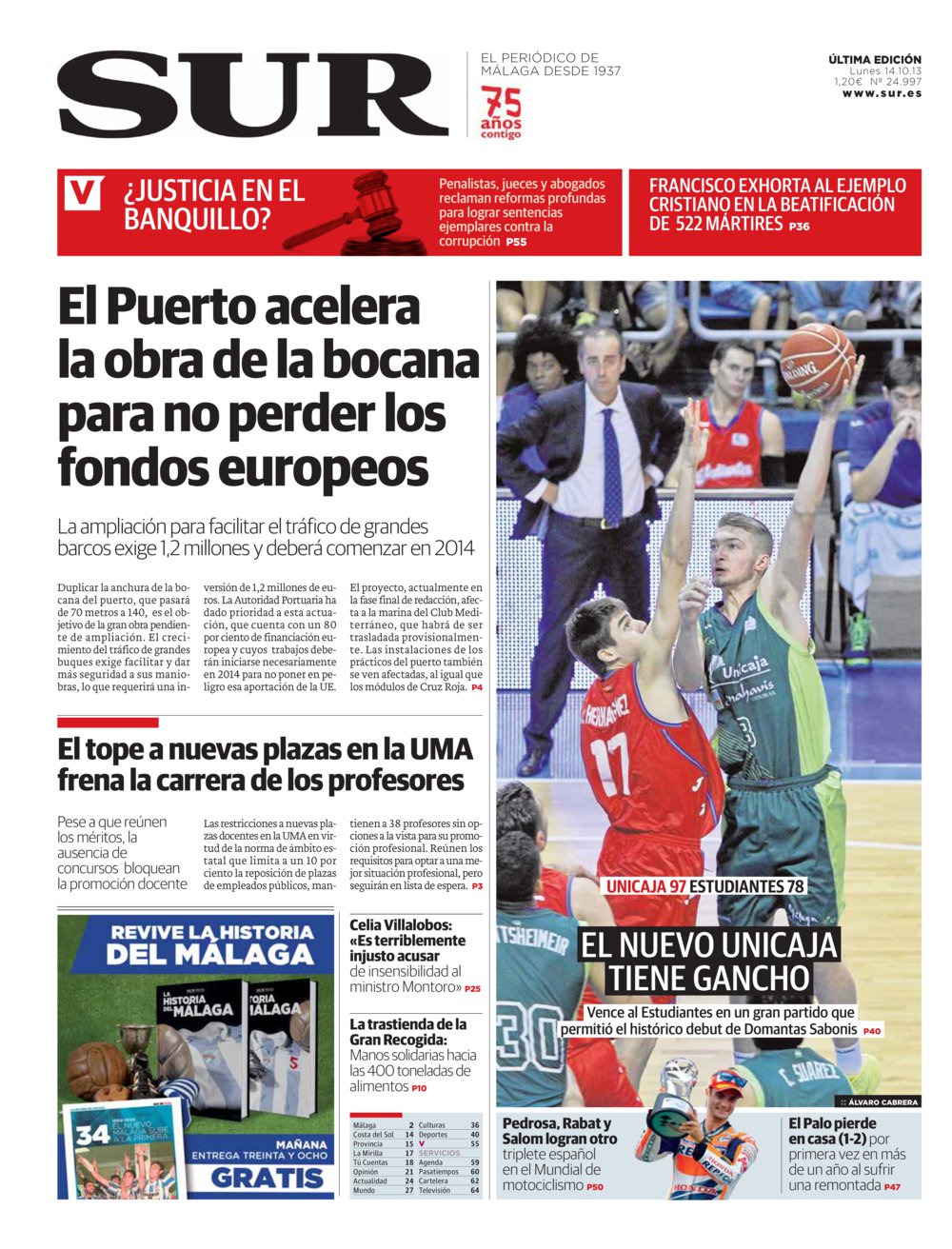 Portada de SUR, 14 de Octubre de 2013