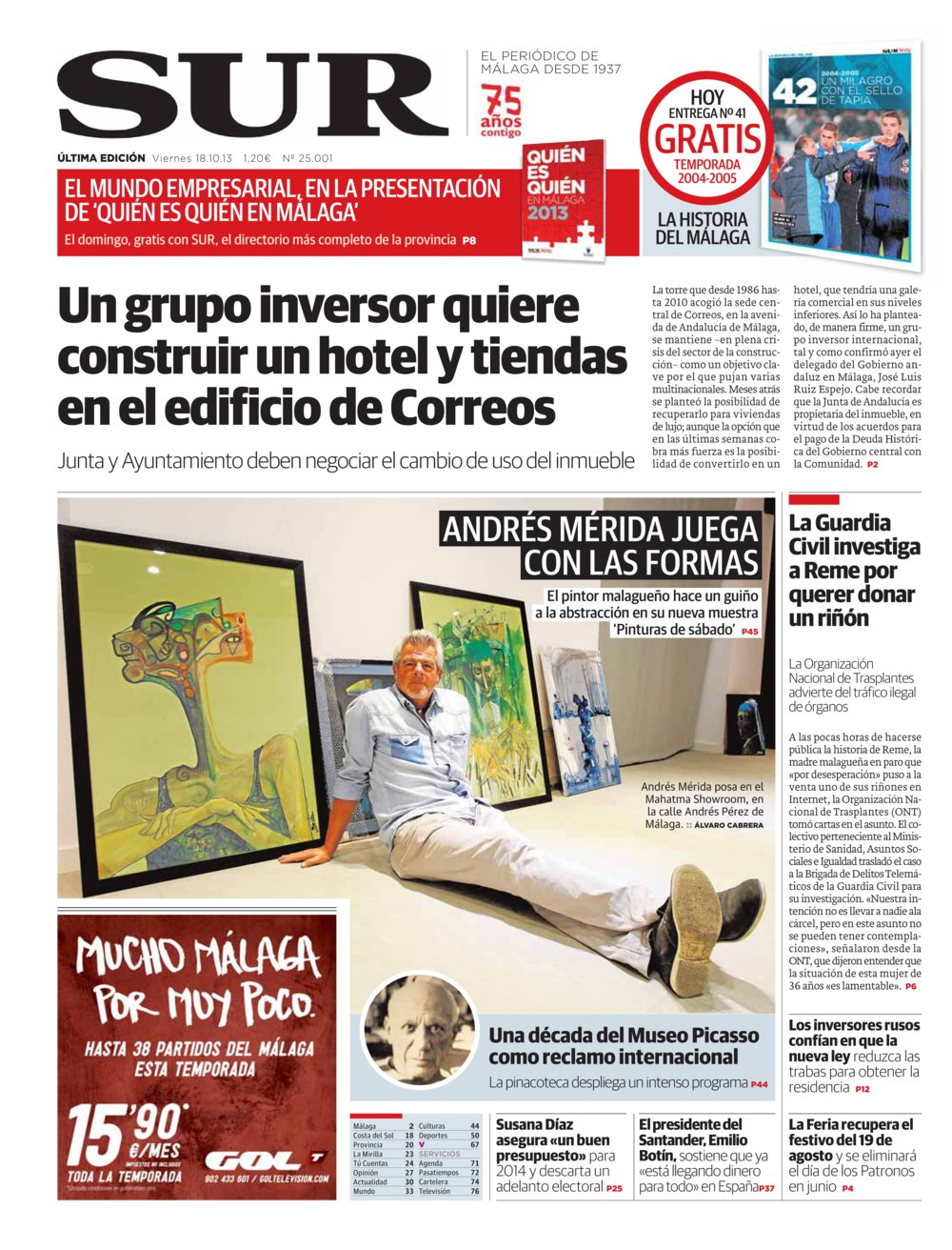 Portada de SUR, 18 de Octubre de 2013