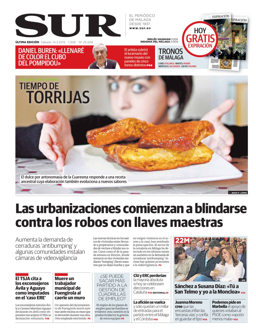 Portada de SUR, 14 de Marzo de 2015