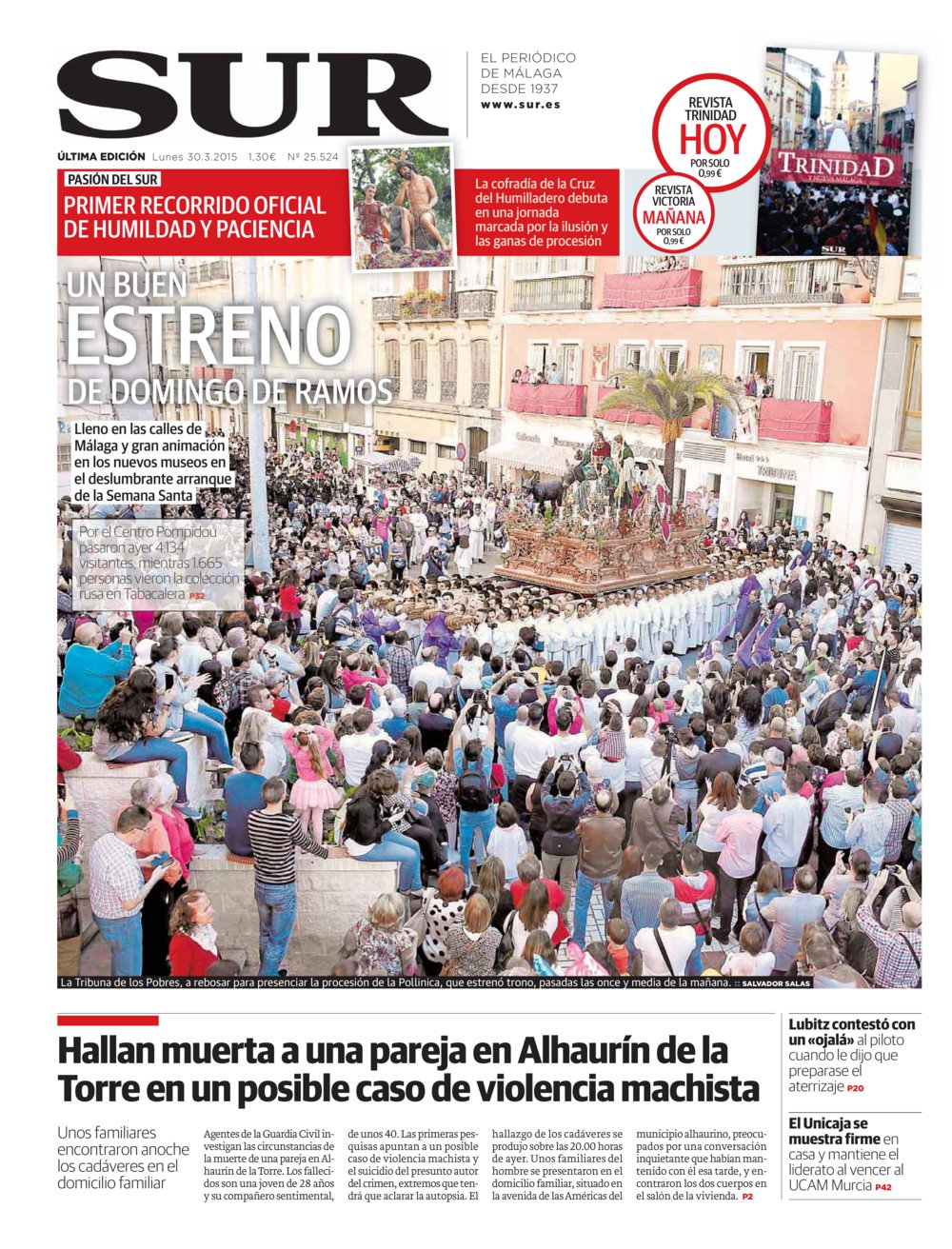 Portada de SUR, 30 de Marzo de 2015