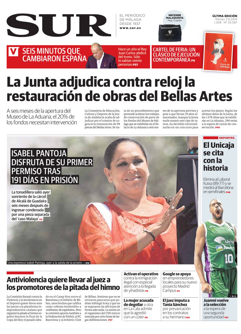 Portada de SUR, 02 de Junio de 2015