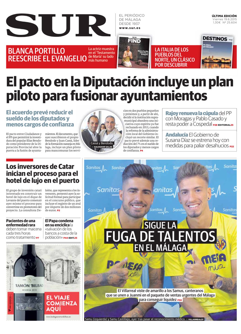 Portada de SUR, 19 de Junio de 2015