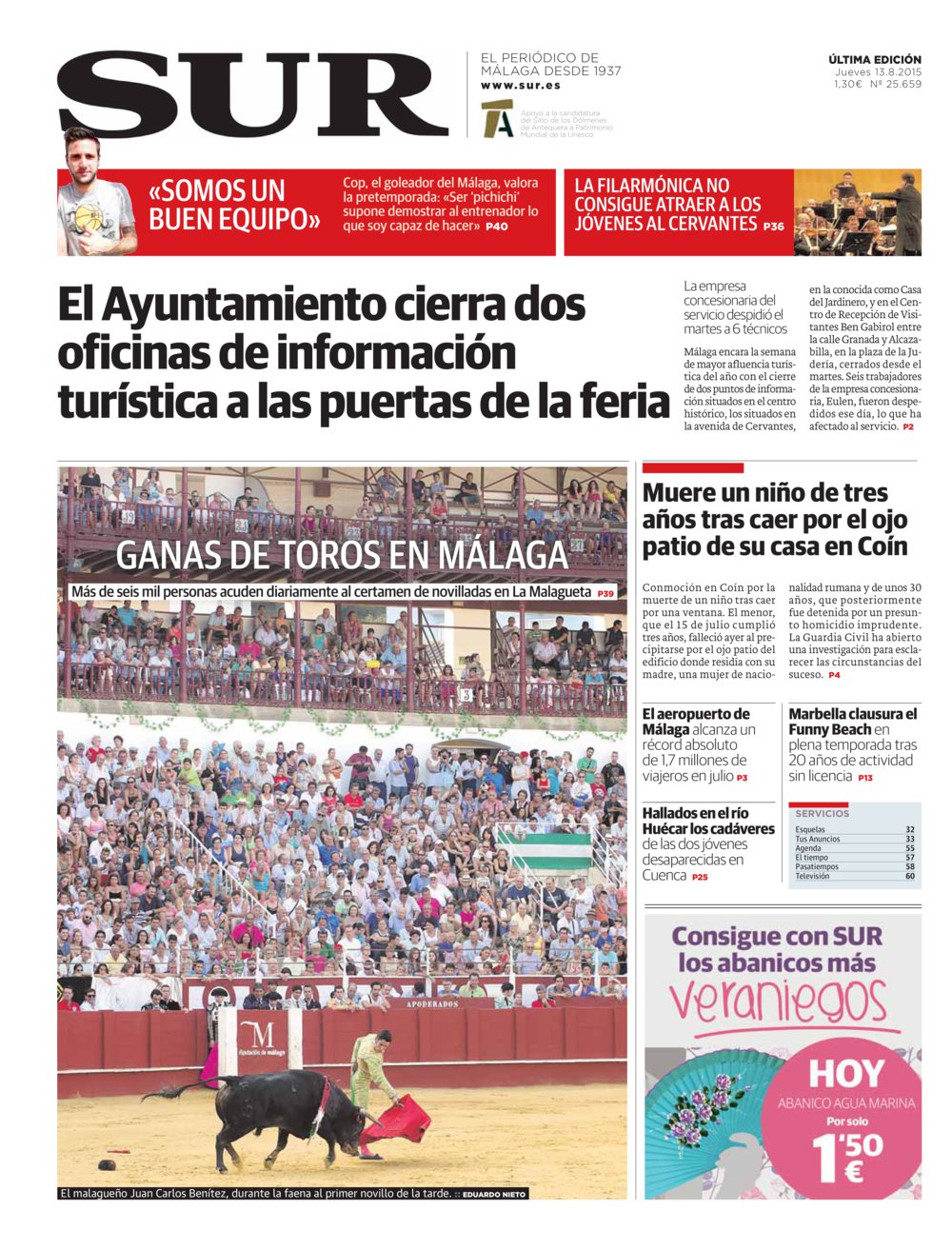 Portada de SUR, 13 de Agosto de 2015