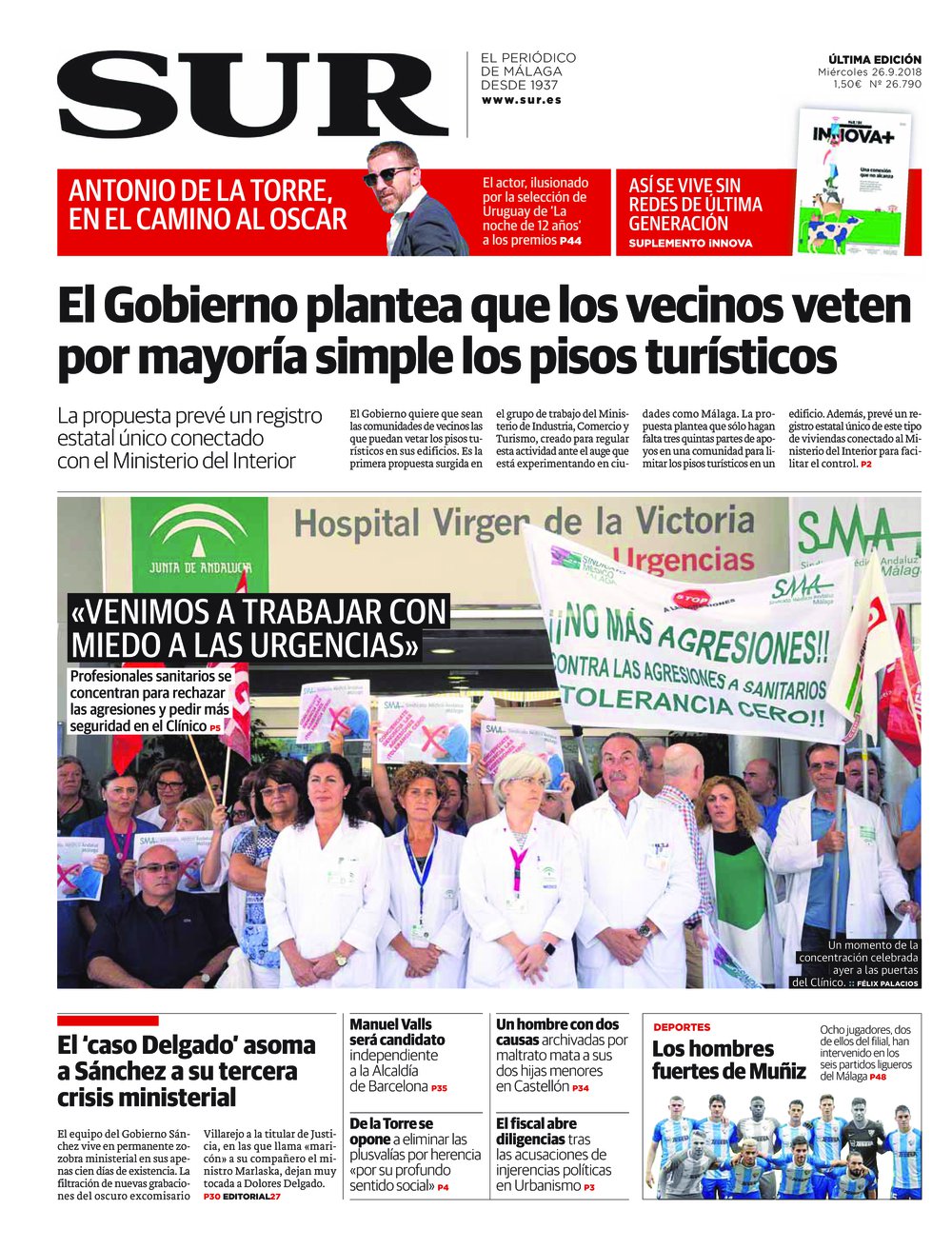 Portada de SUR, 26 de Septiembre de 2018