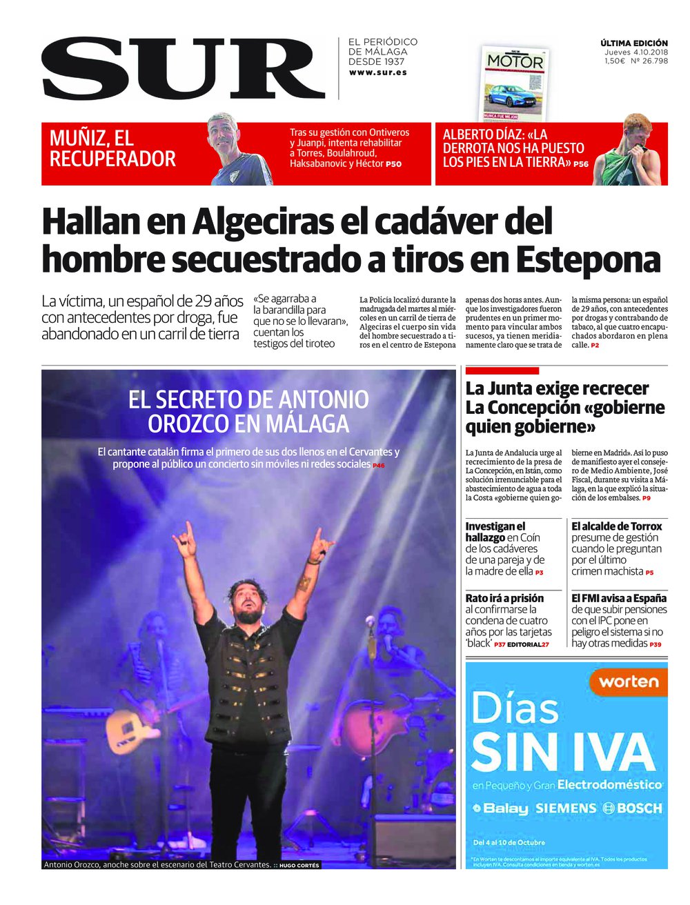 Portada de SUR, 04 de Octubre de 2018