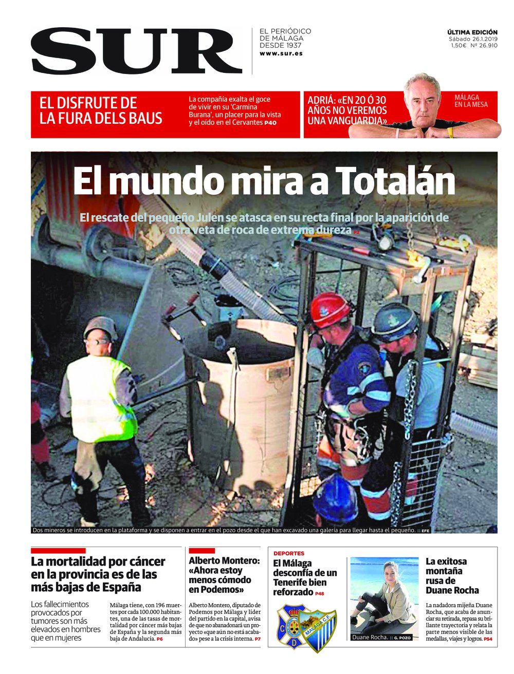 Portada de SUR, 26 de Enero de 2019