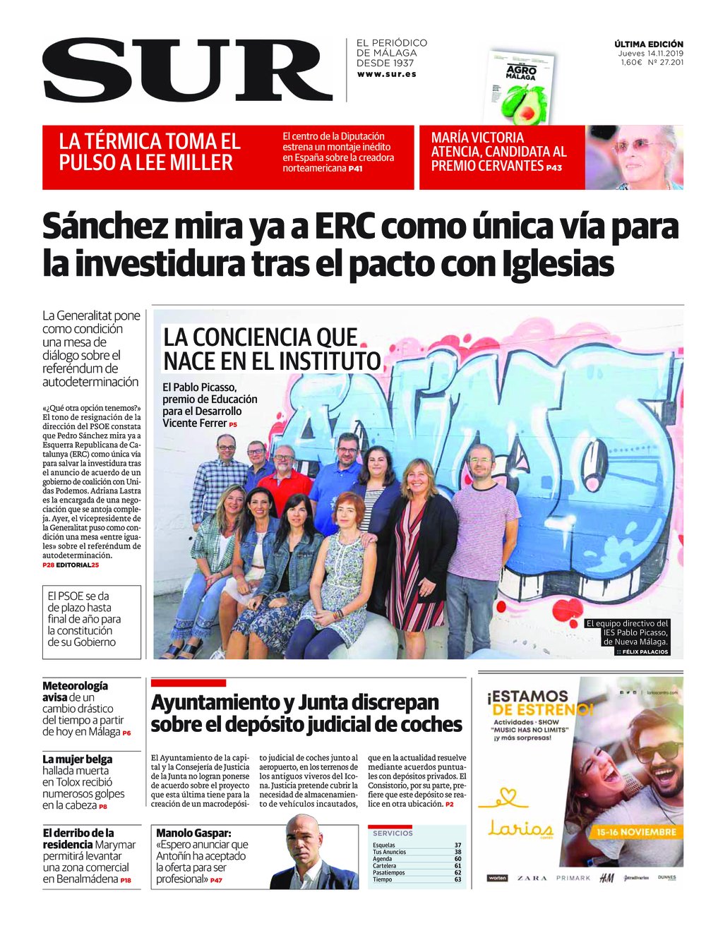 Portada de SUR, 14 de Noviembre de 2019