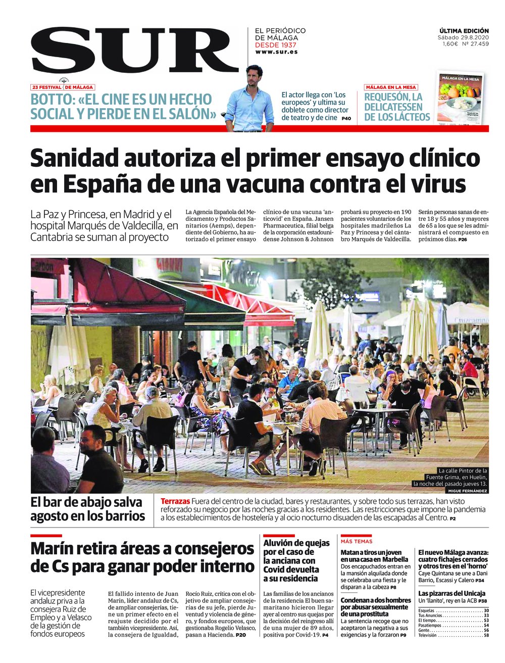Portada de SUR, 29 de Agosto de 2020