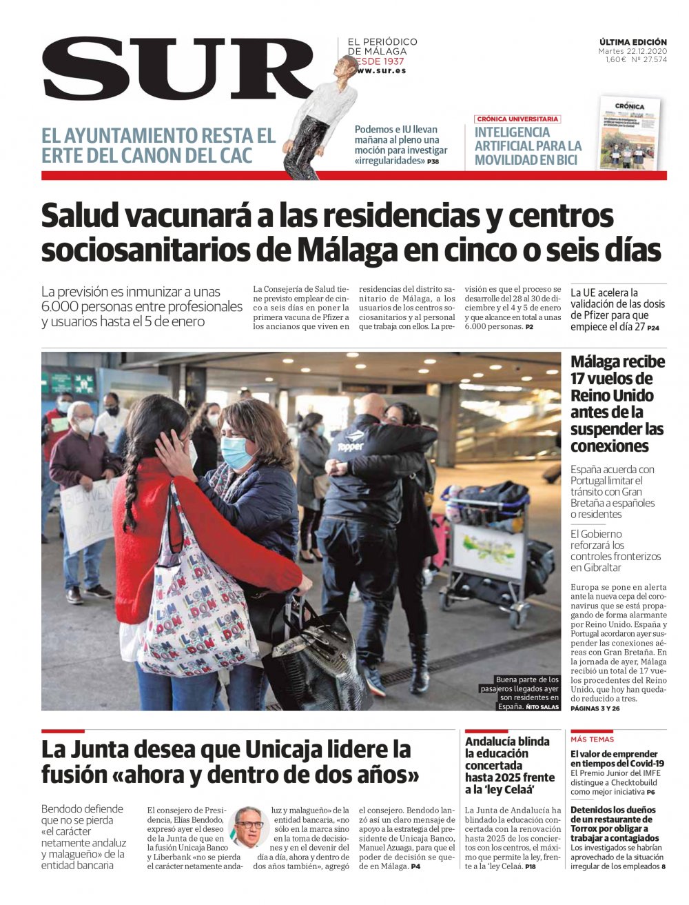 Portada de SUR, 22 de Diciembre de 2020
