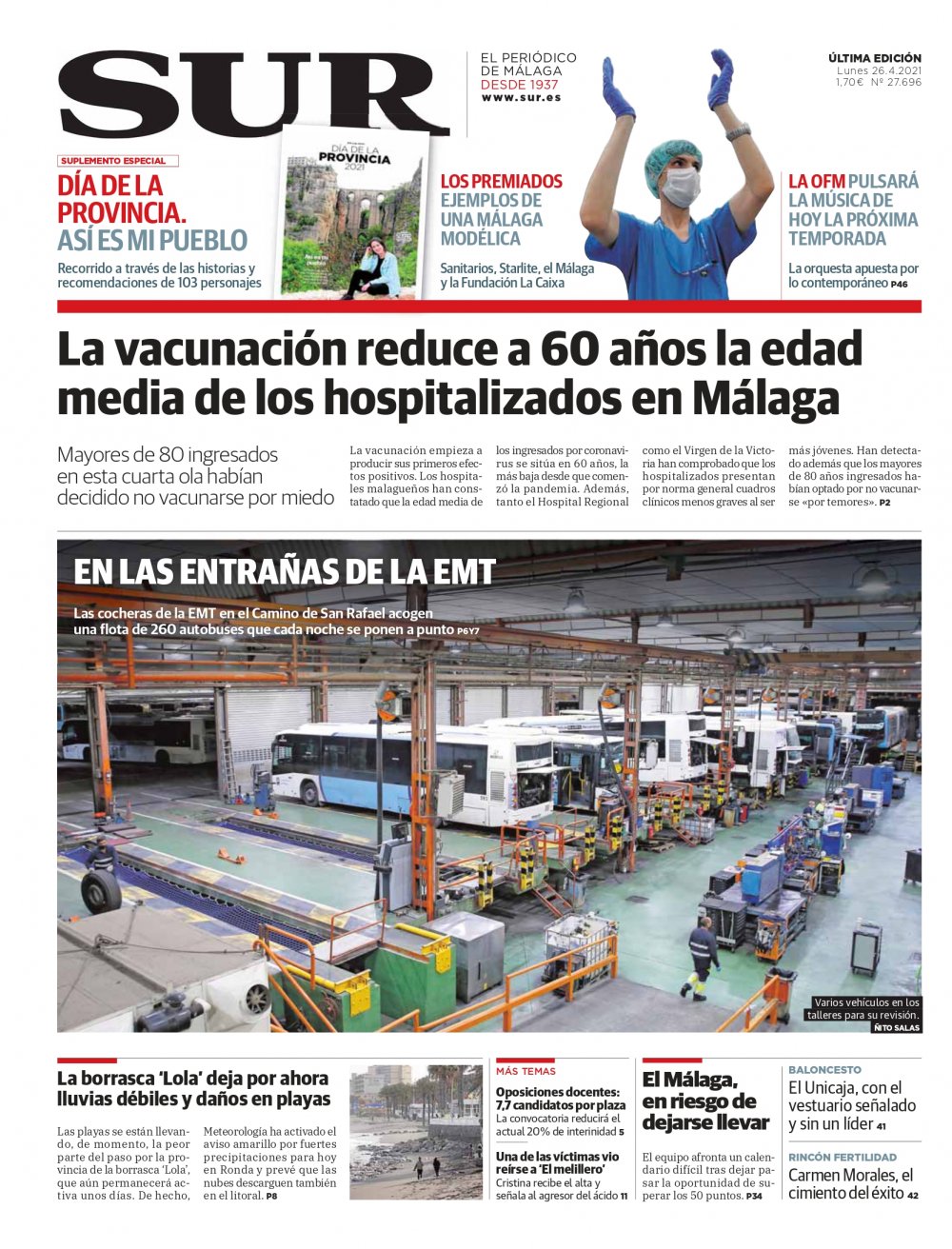 Portada de SUR, 26 de Abril de 2021