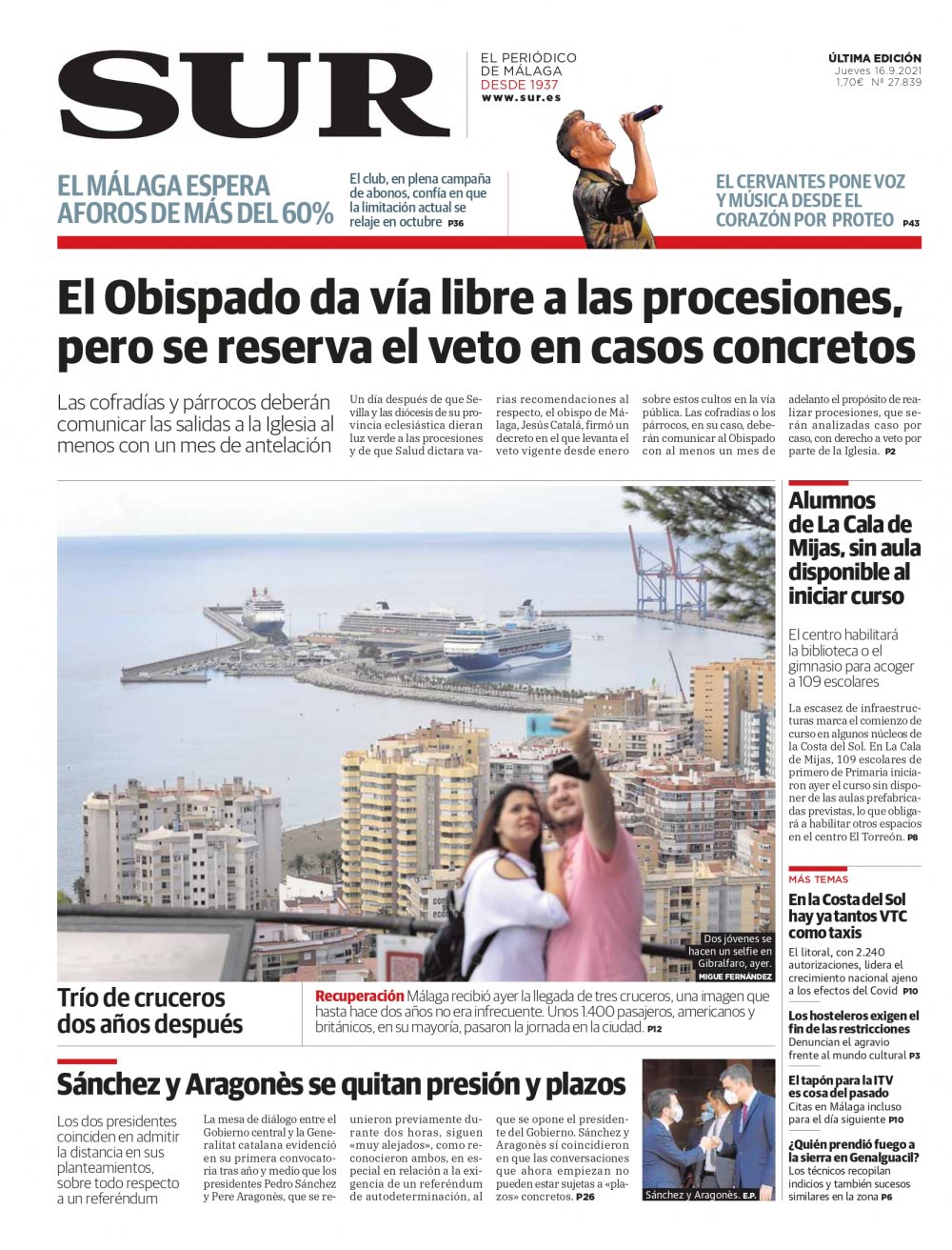 Las portadas de Diario SUR | Diario Sur |16 de Septiembre de 2021