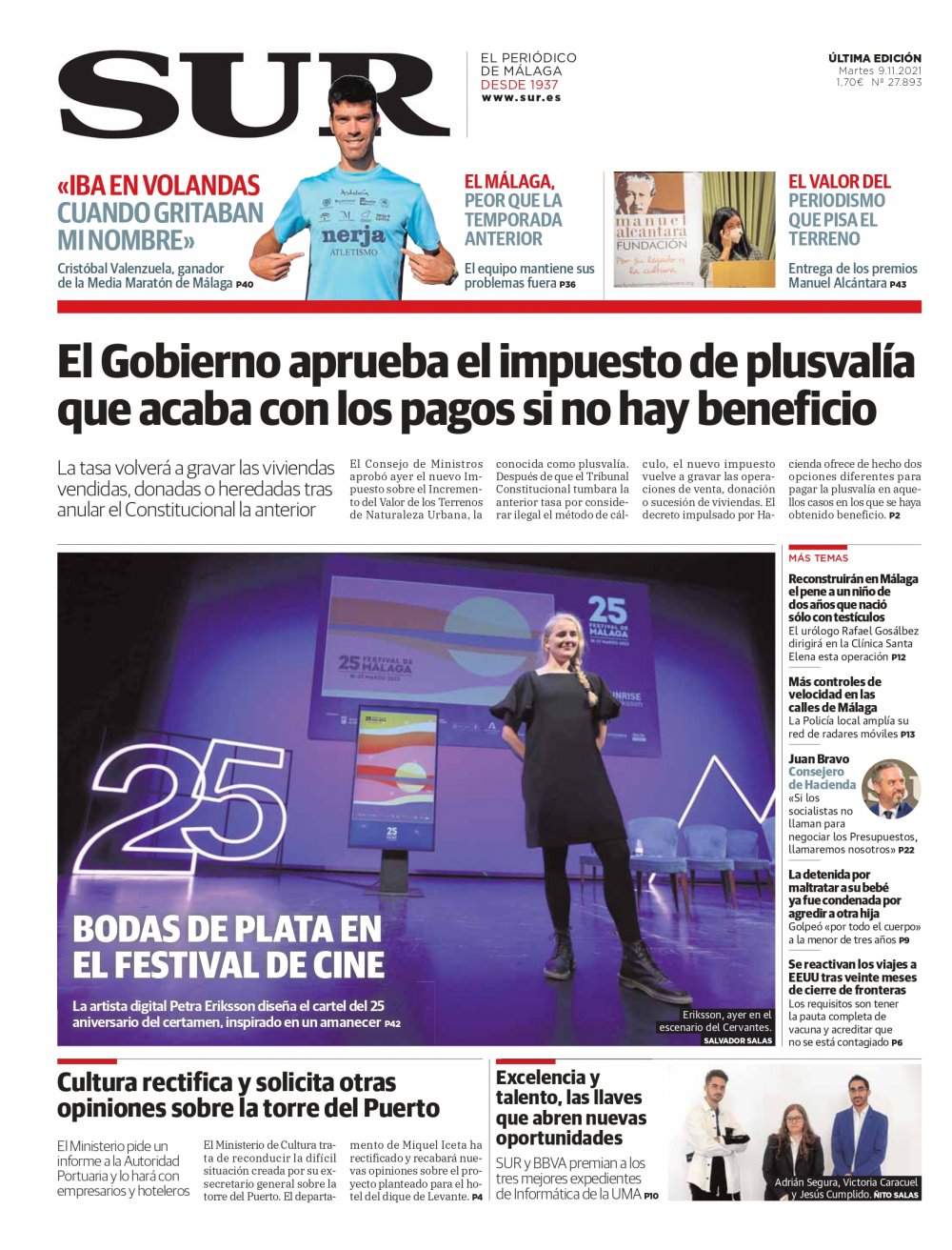 Portada de SUR, 09 de Noviembre de 2021