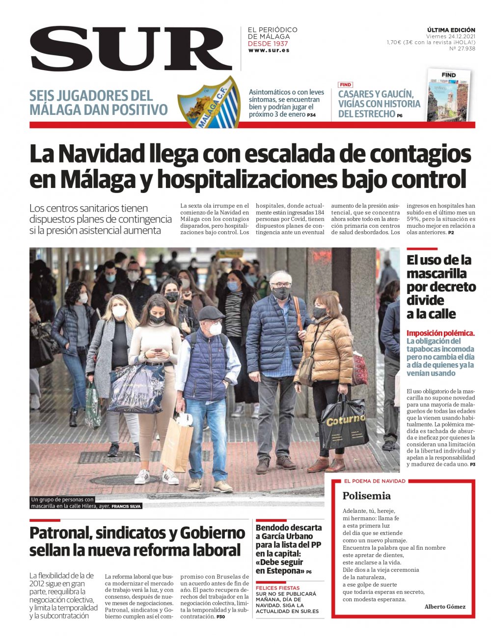 Portada de SUR, 24 de Diciembre de 2021