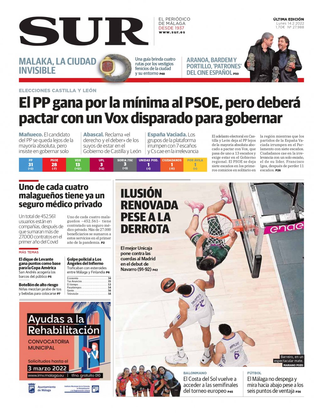 Portada de SUR, 14 de Febrero de 2022