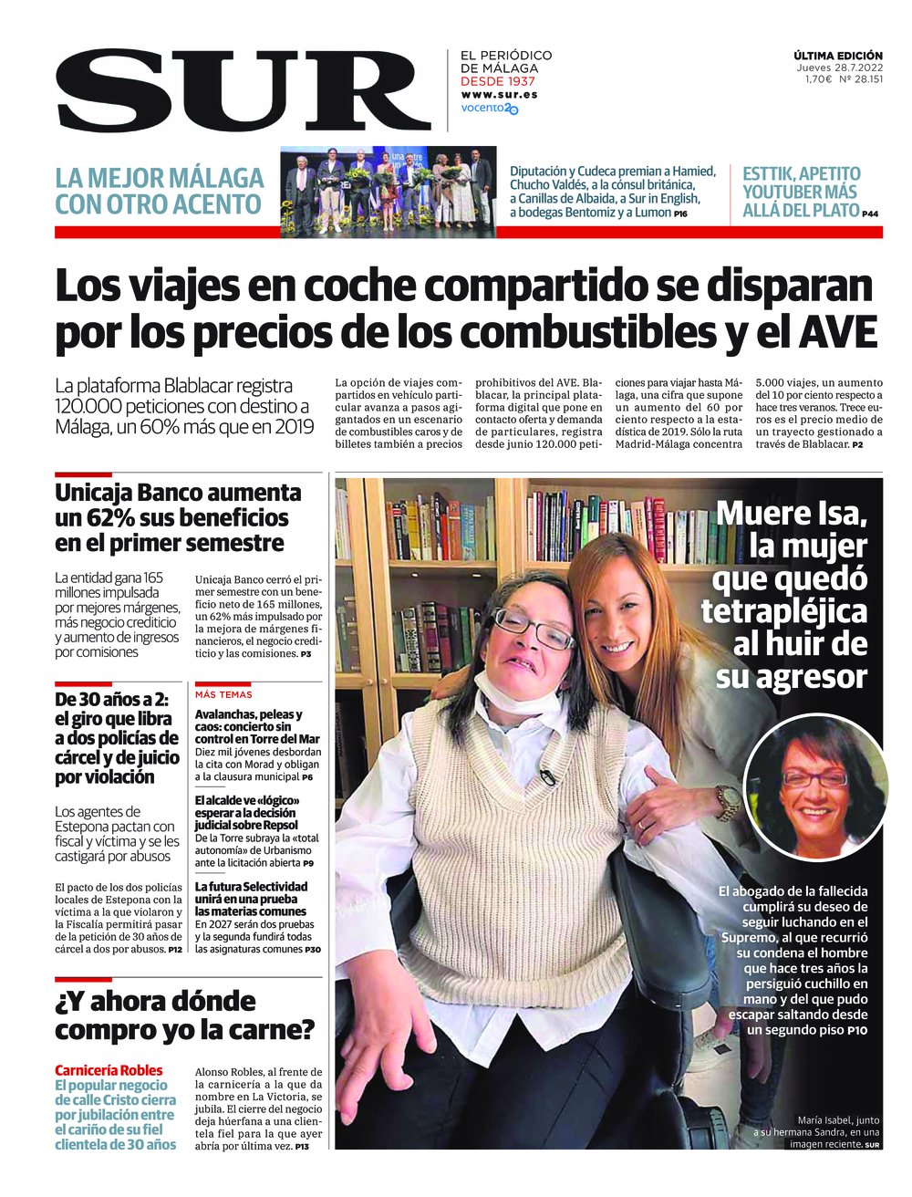 Portada de SUR, 28 de Julio de 2022