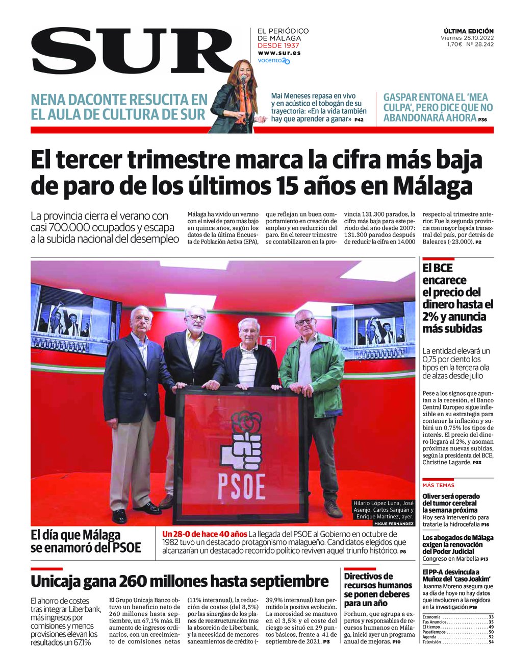 Portada de SUR, 28 de Octubre de 2022