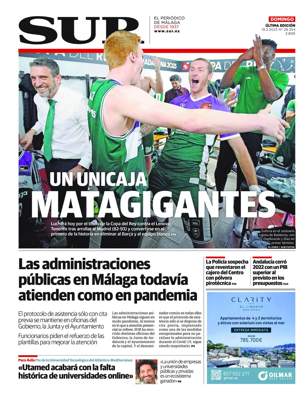 Portada de SUR, 19 de Febrero de 2023