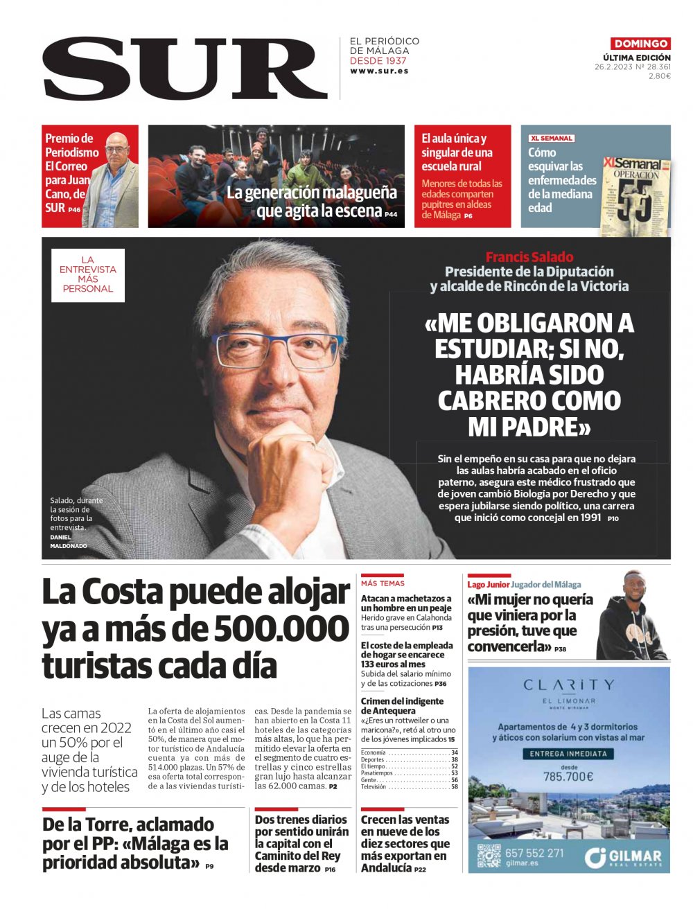 Portada de SUR, 26 de Febrero de 2023