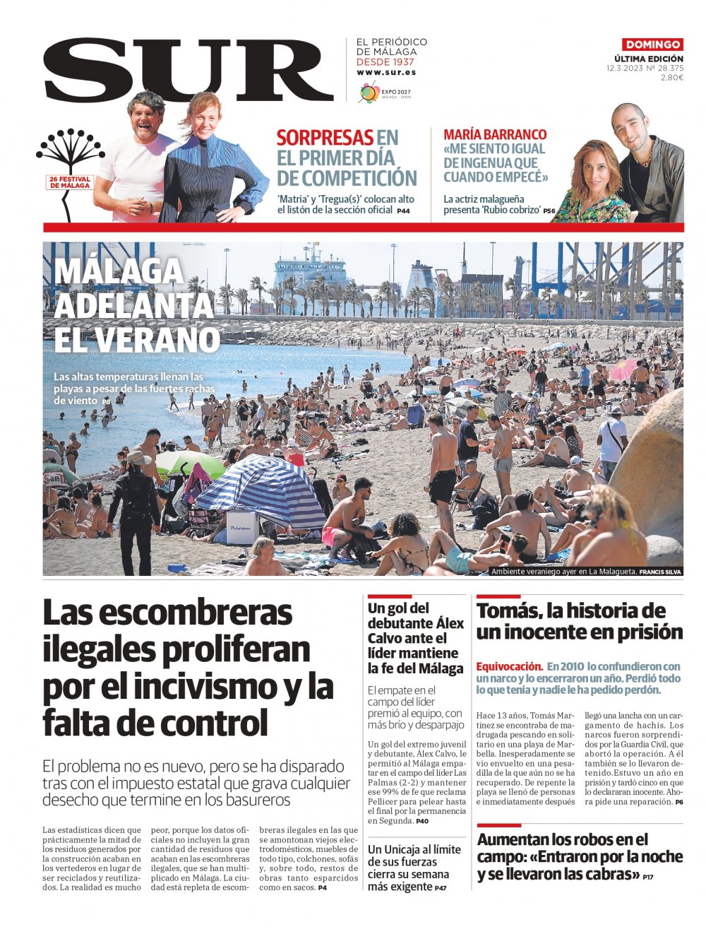 Portada de SUR, 12 de Marzo de 2023