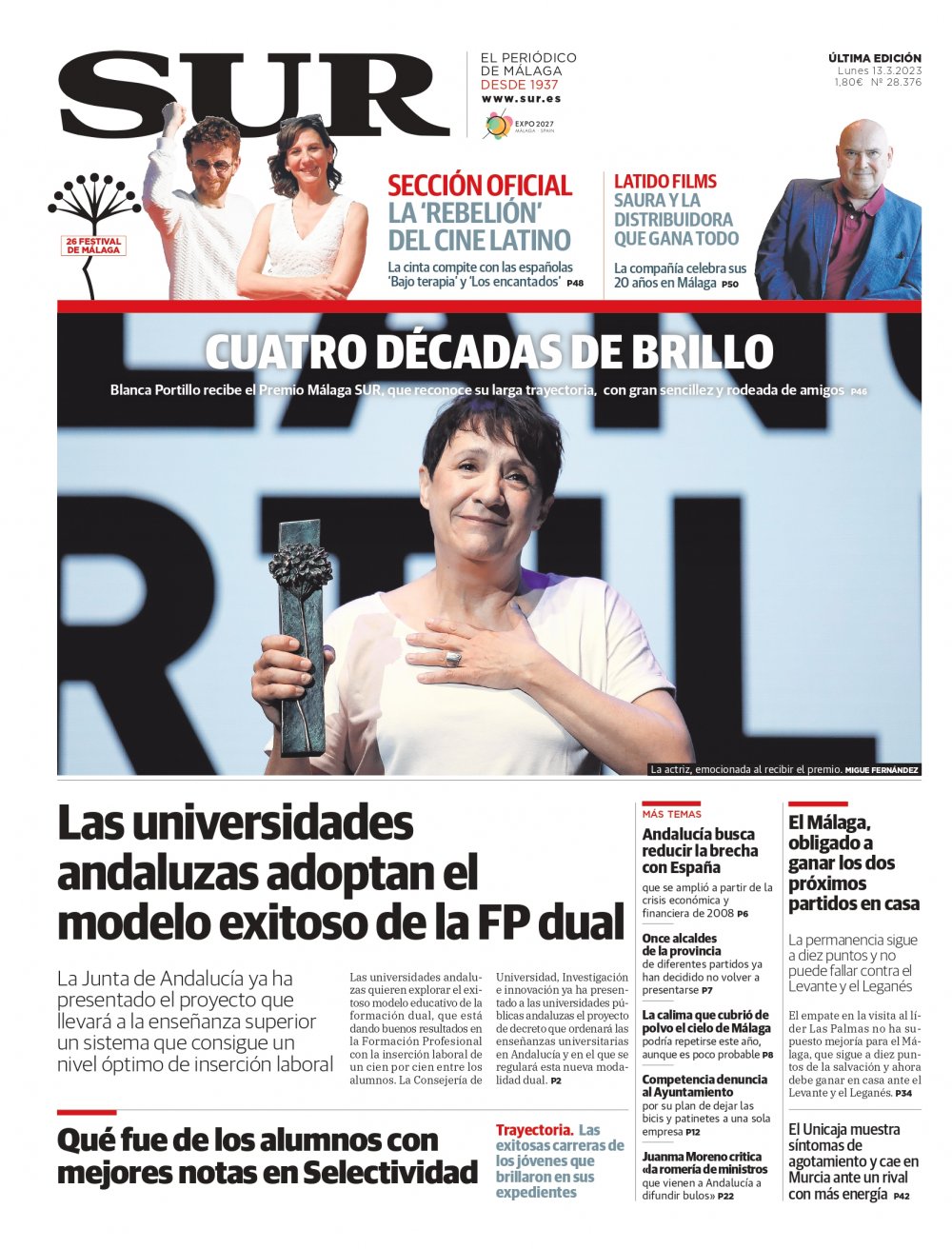 Portada de SUR, 13 de Marzo de 2023