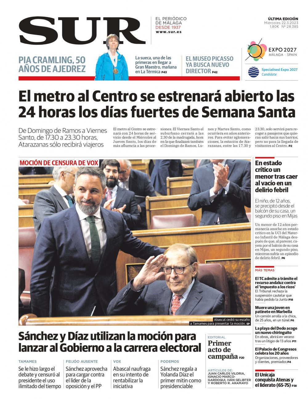 Portada de SUR, 22 de Marzo de 2023