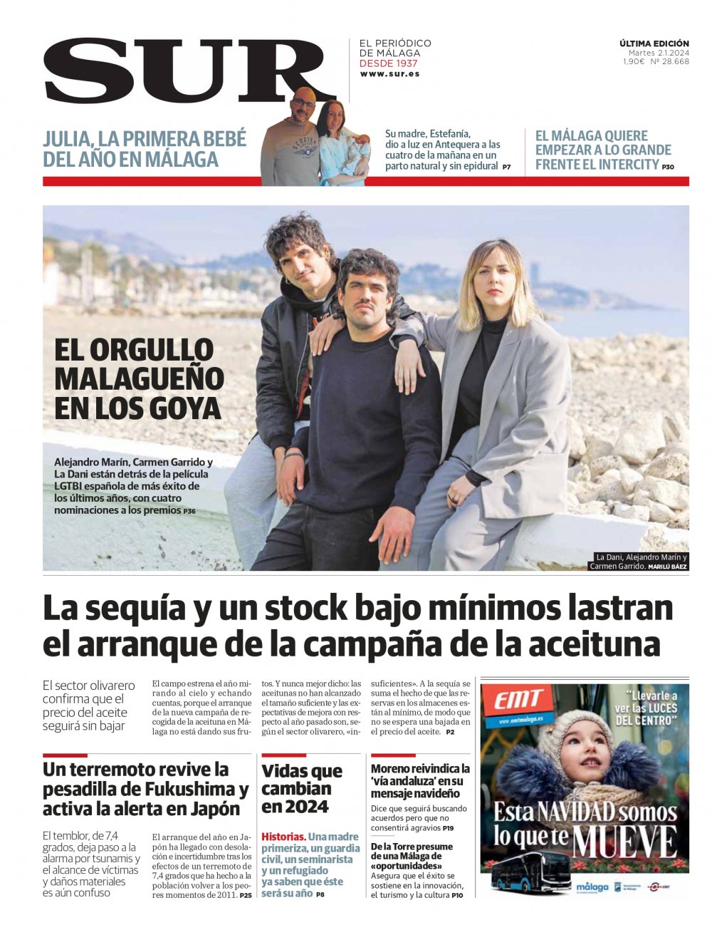 Portada de SUR, 02 de Enero de 2024