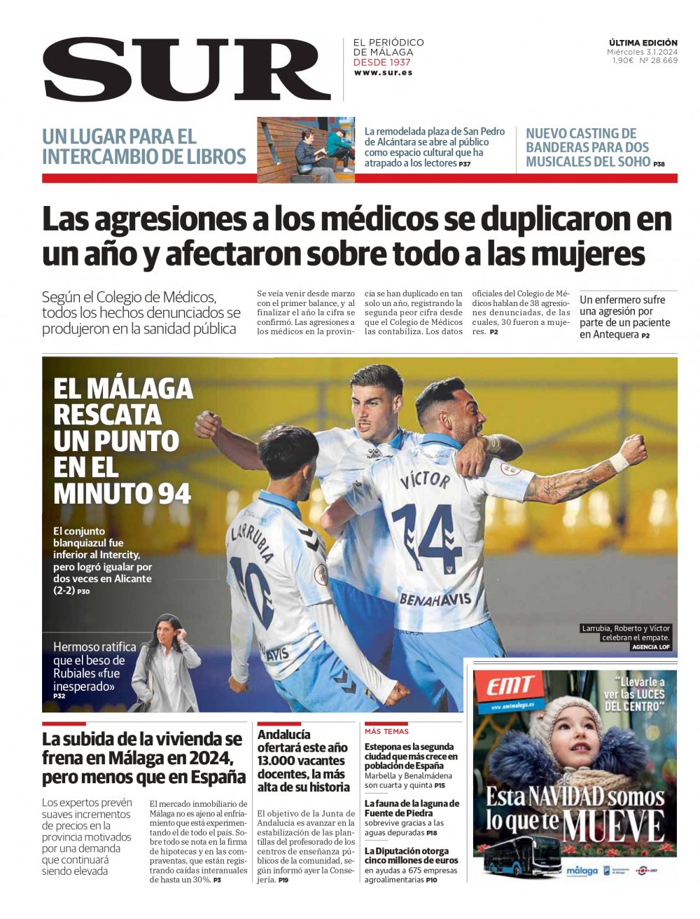 Portada de SUR, 03 de Enero de 2024