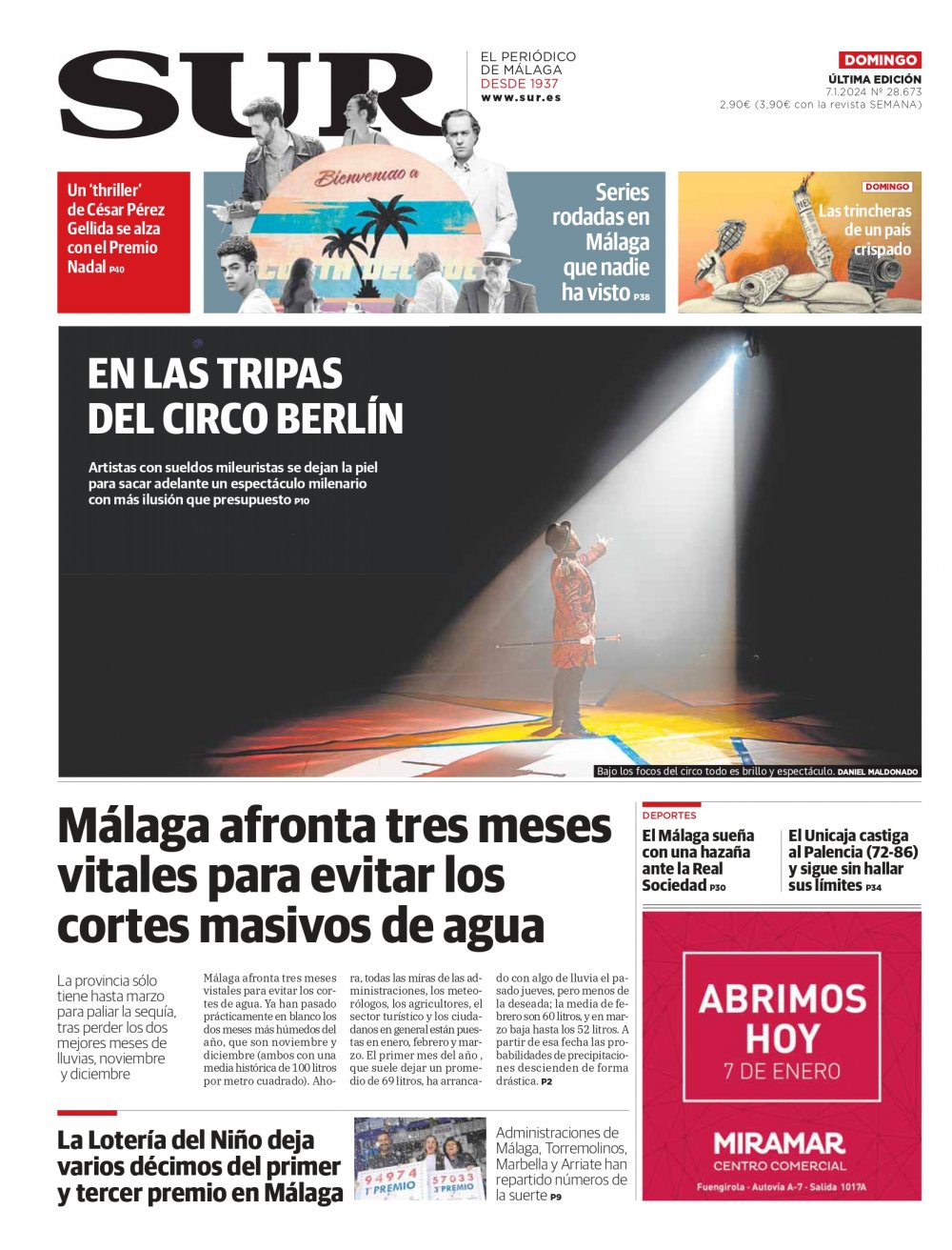 Portada de SUR, 07 de Enero de 2024