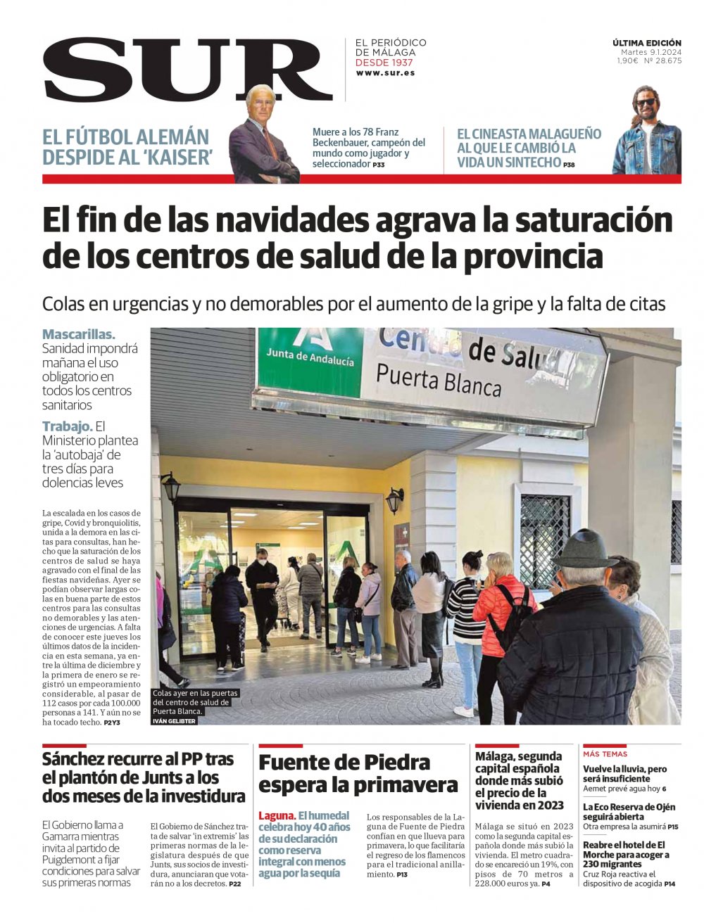 Portada de SUR, 09 de Enero de 2024