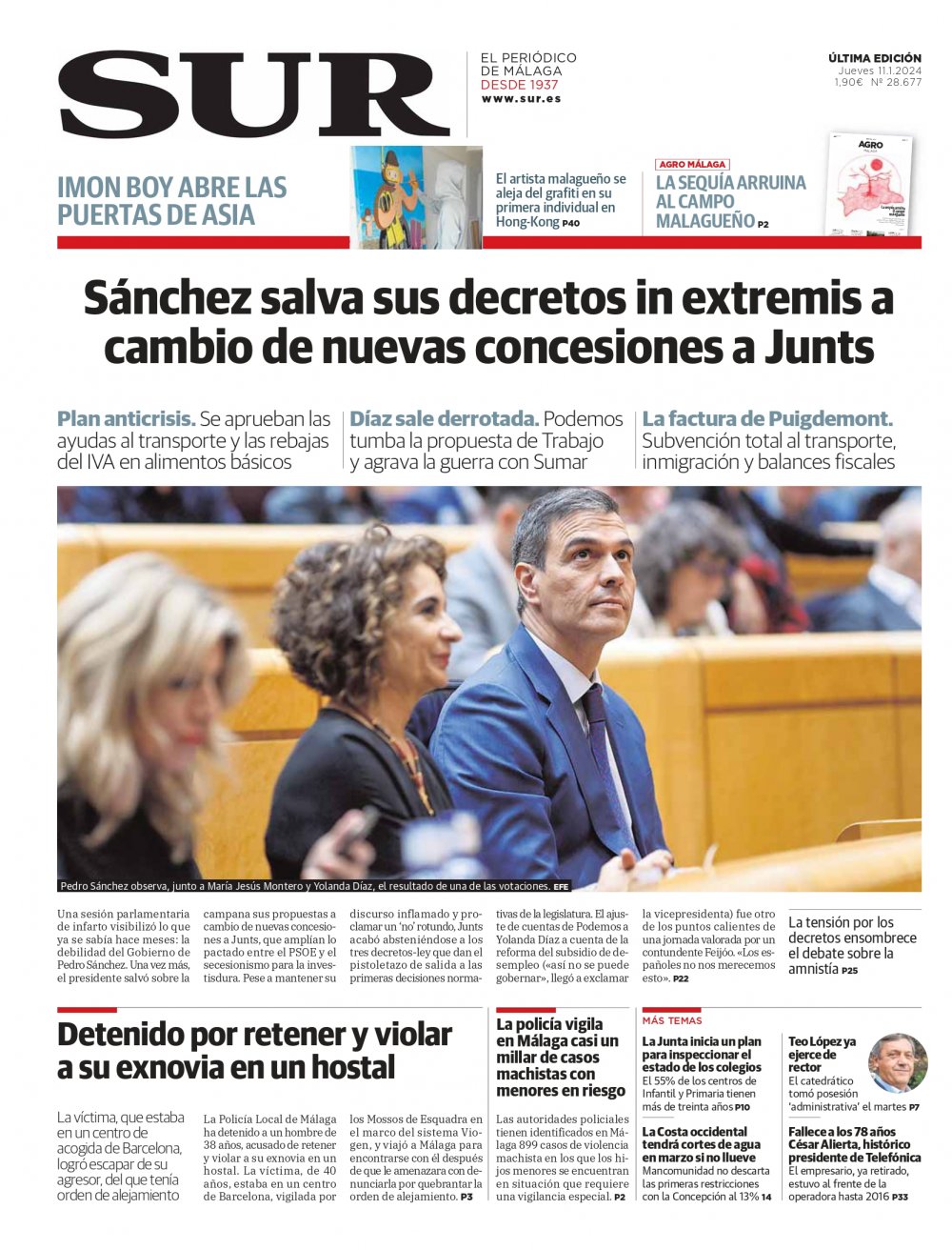 Portada de SUR, 11 de Enero de 2024
