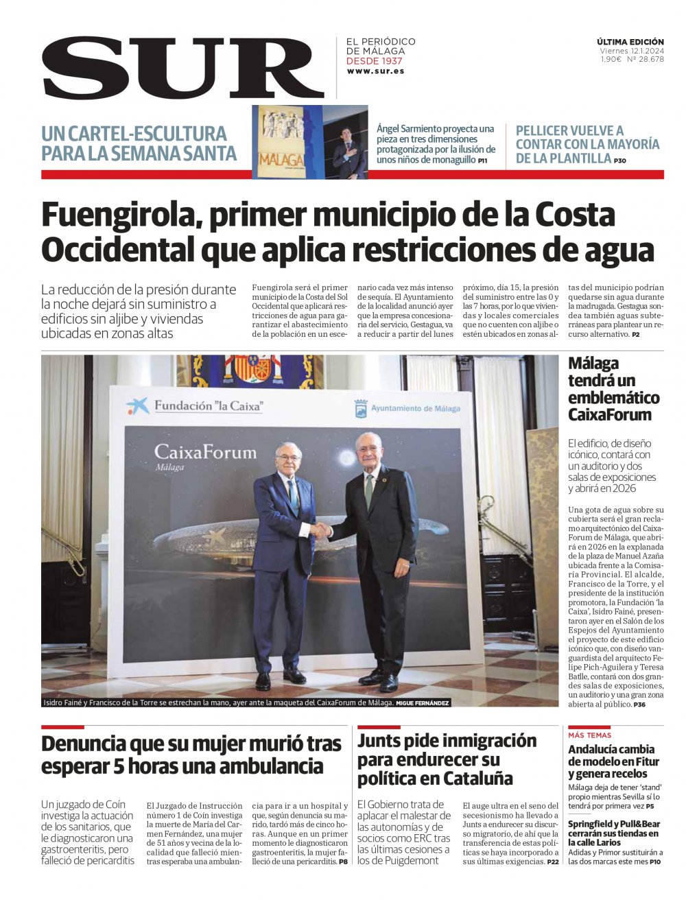 Portada de SUR, 12 de Enero de 2024