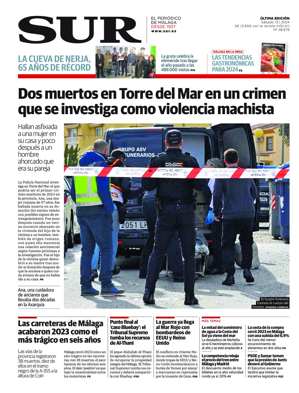 Portada de SUR, 13 de Enero de 2024