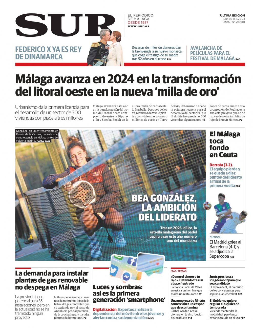 Portada de SUR, 15 de Enero de 2024