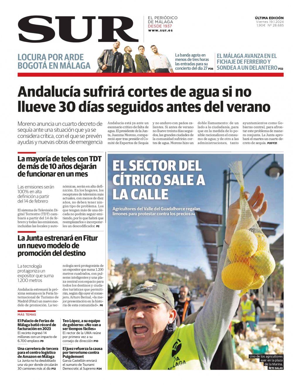 Portada de SUR, 19 de Enero de 2024