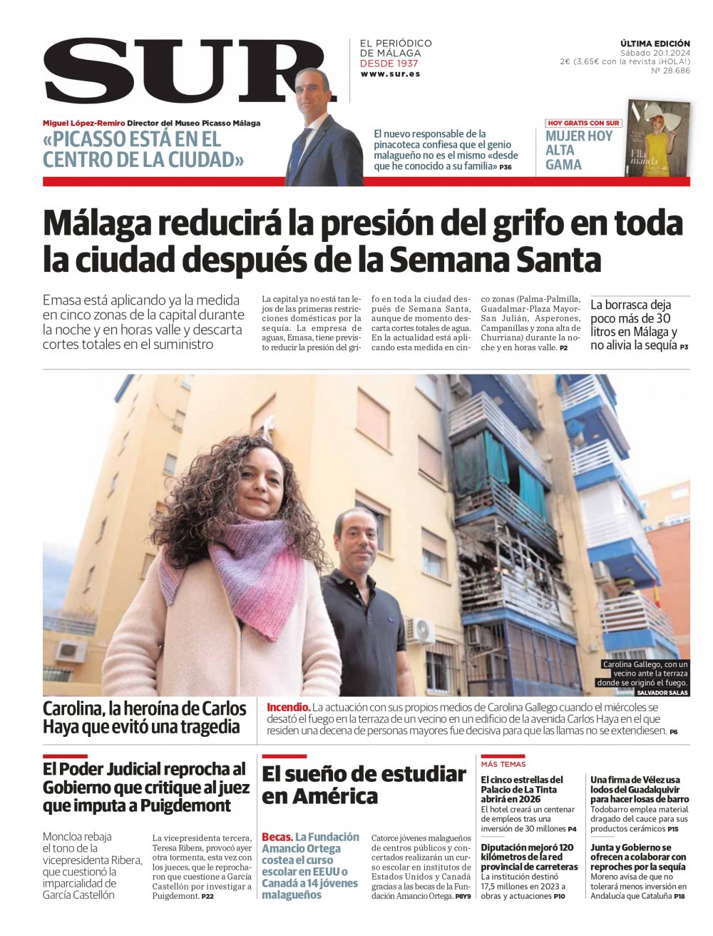 Portada de SUR, 20 de Enero de 2024