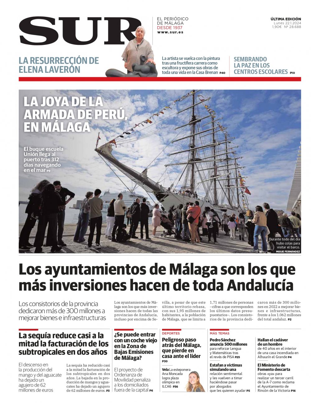 Portada de SUR, 22 de Enero de 2024