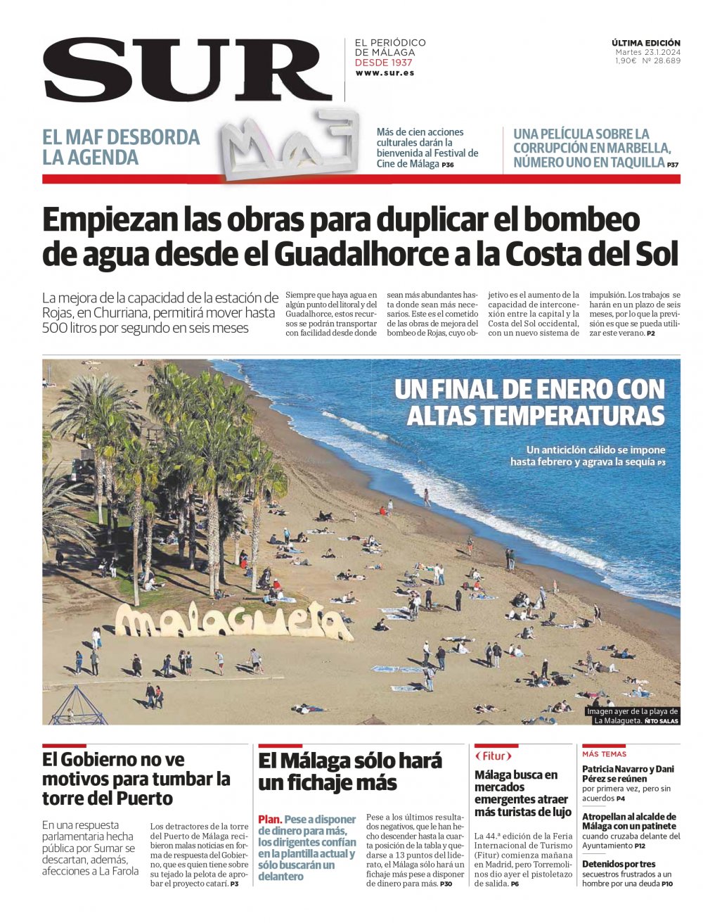 Portada de SUR, 23 de Enero de 2024