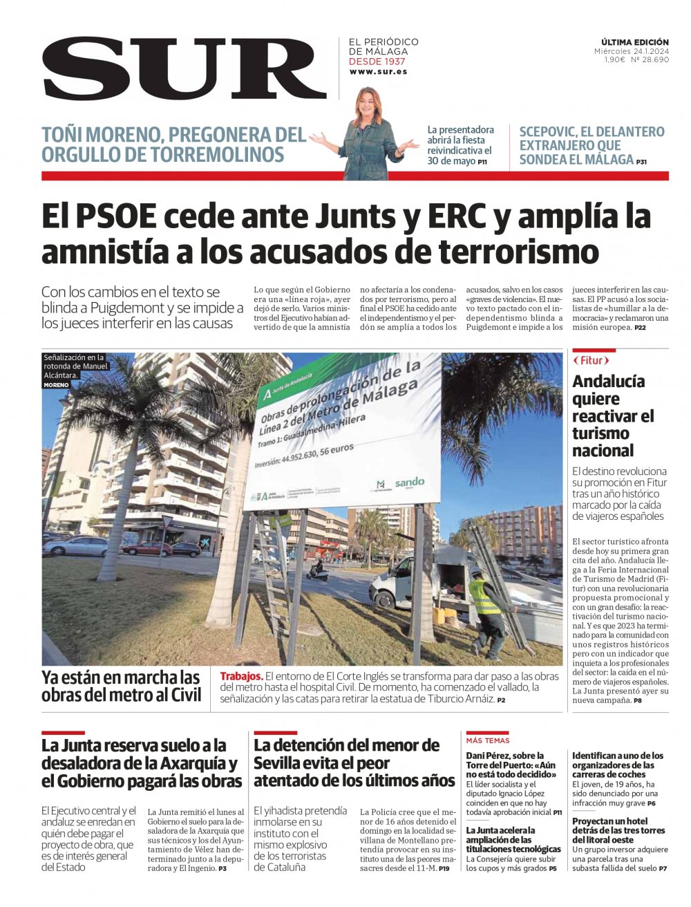 Portada de SUR, 24 de Enero de 2024