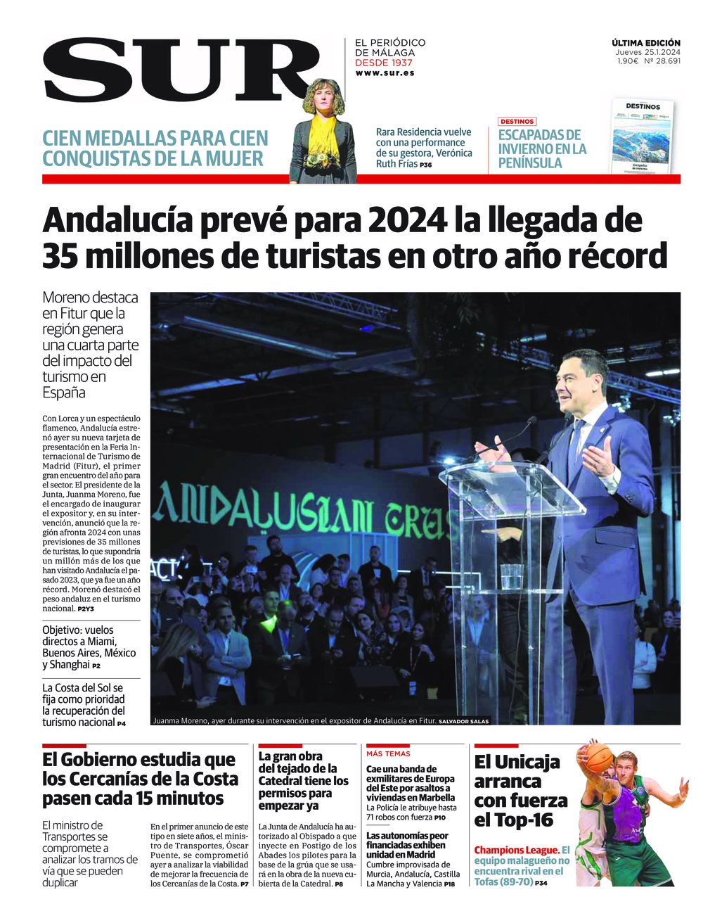 Portada de SUR, 25 de Enero de 2024