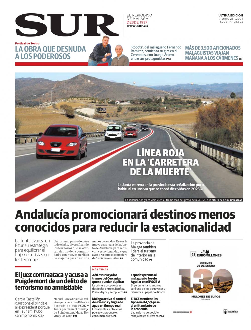 Portada de SUR, 26 de Enero de 2024