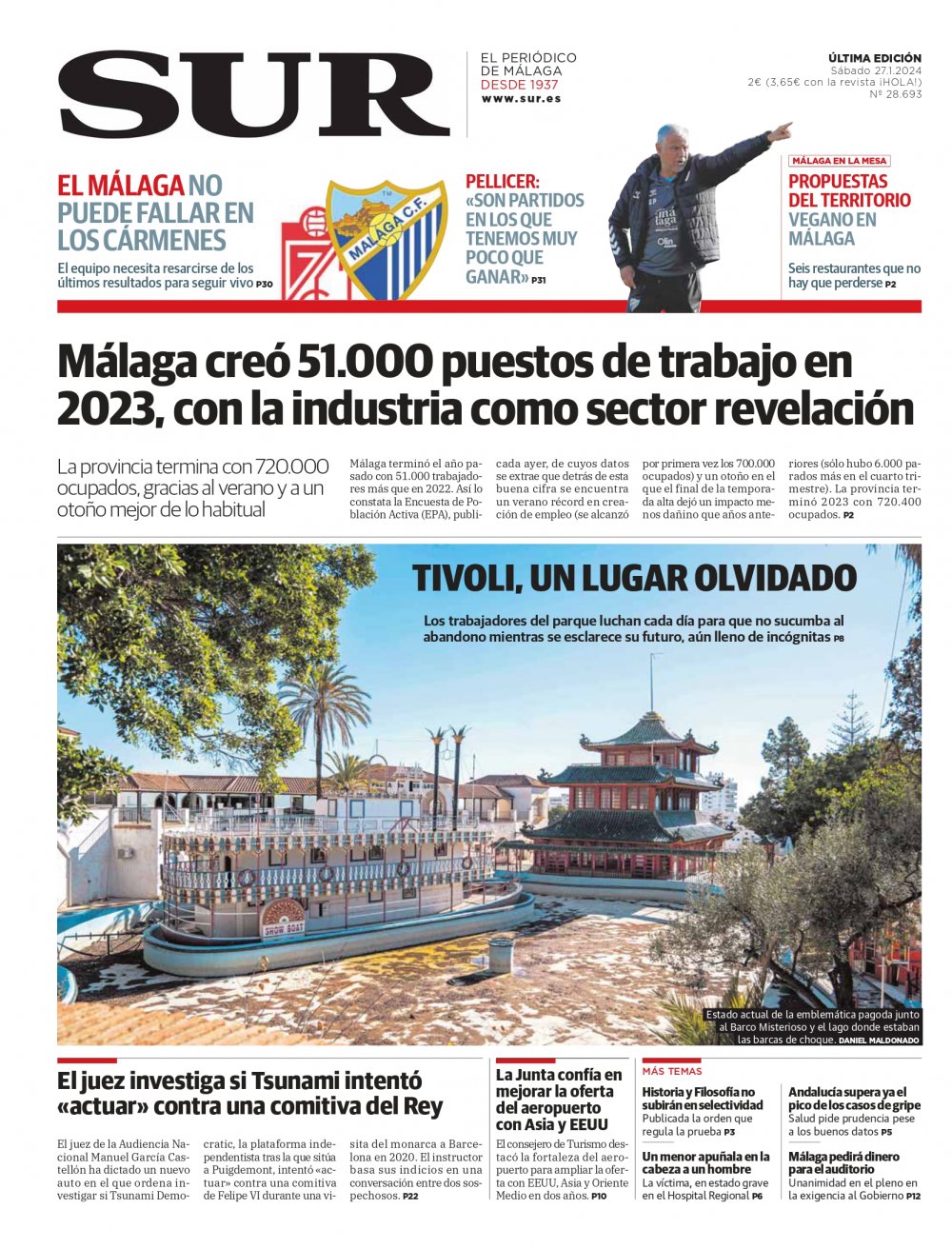 Portada de SUR, 27 de Enero de 2024