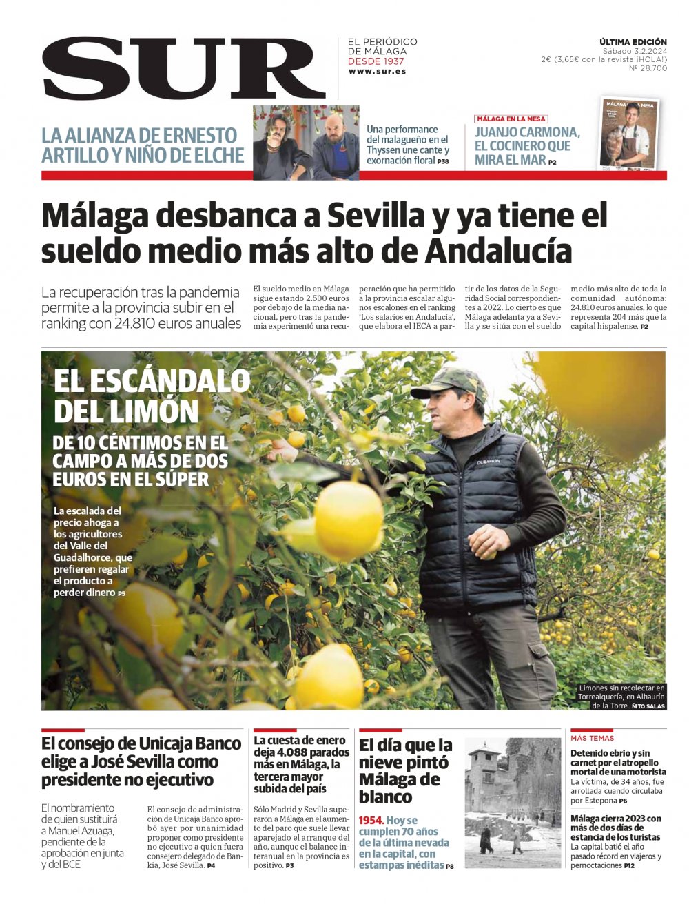 Portada de SUR, 03 de Febrero de 2024