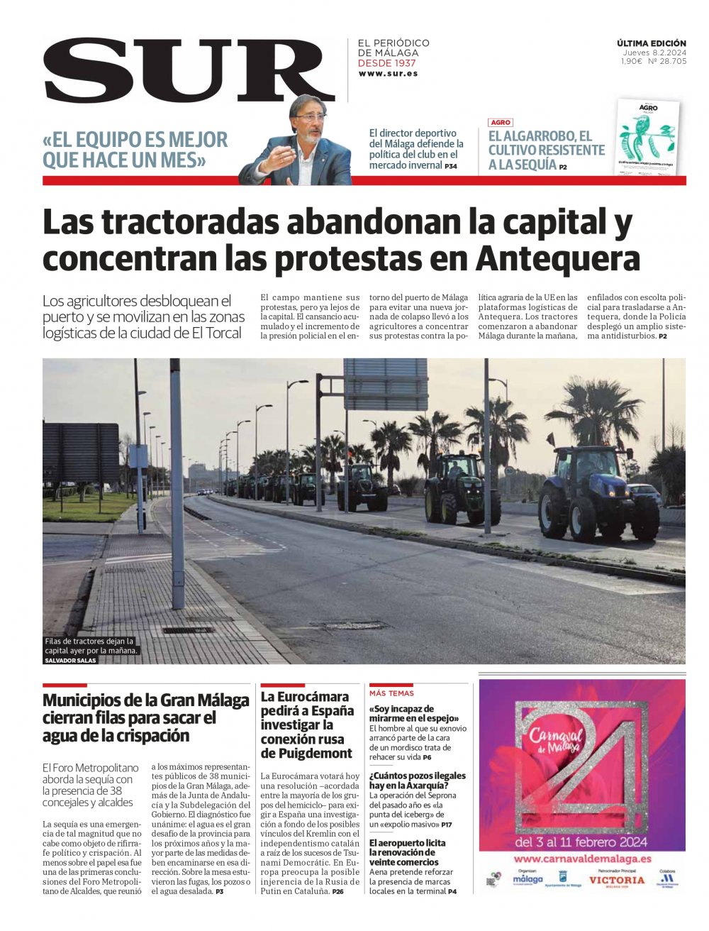 Portada de SUR, 08 de Febrero de 2024