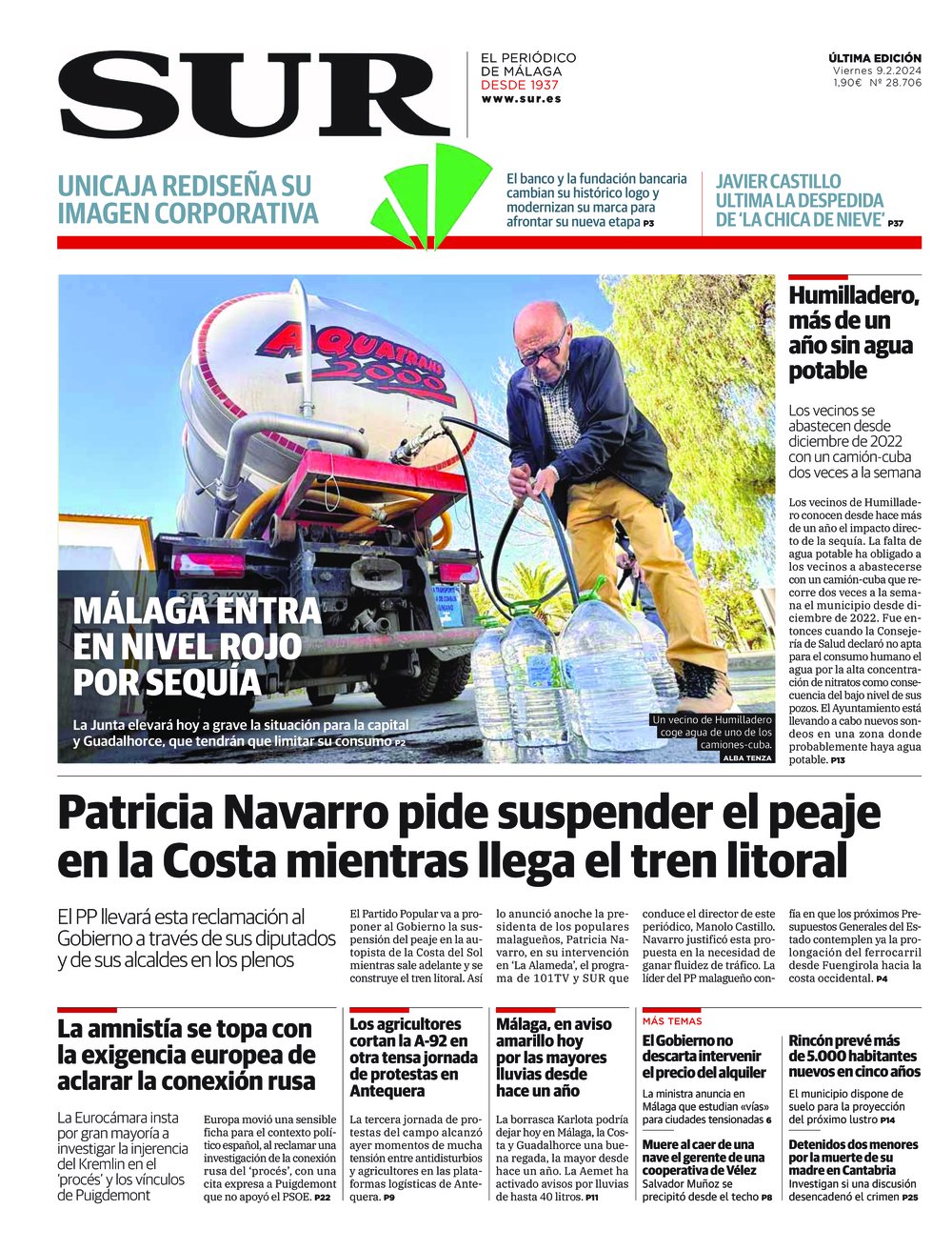 Portada de SUR, 09 de Febrero de 2024