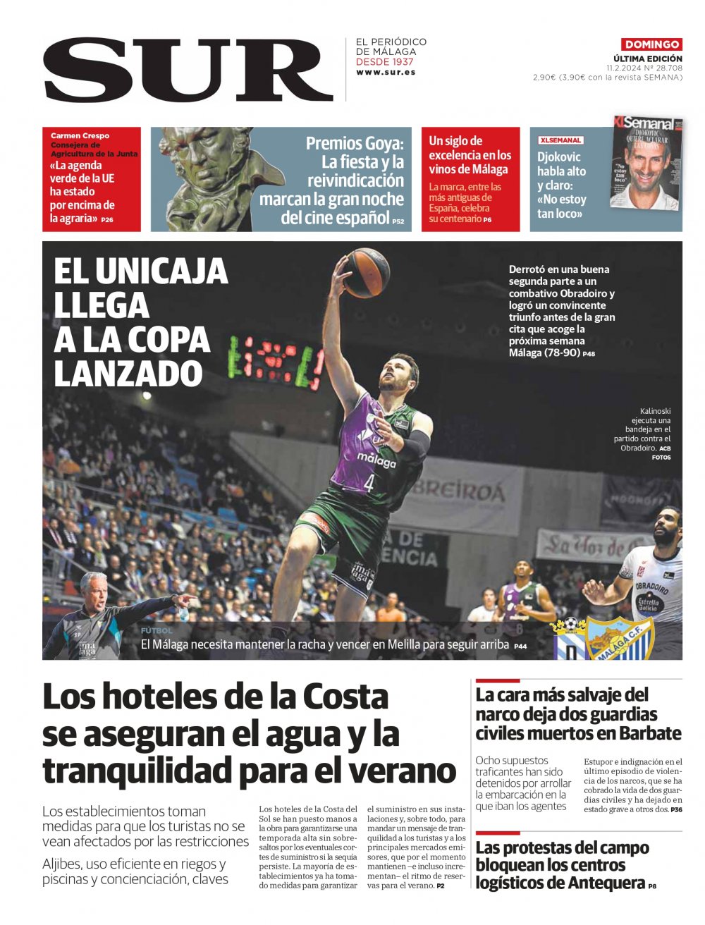 Portada de SUR, 11 de Febrero de 2024