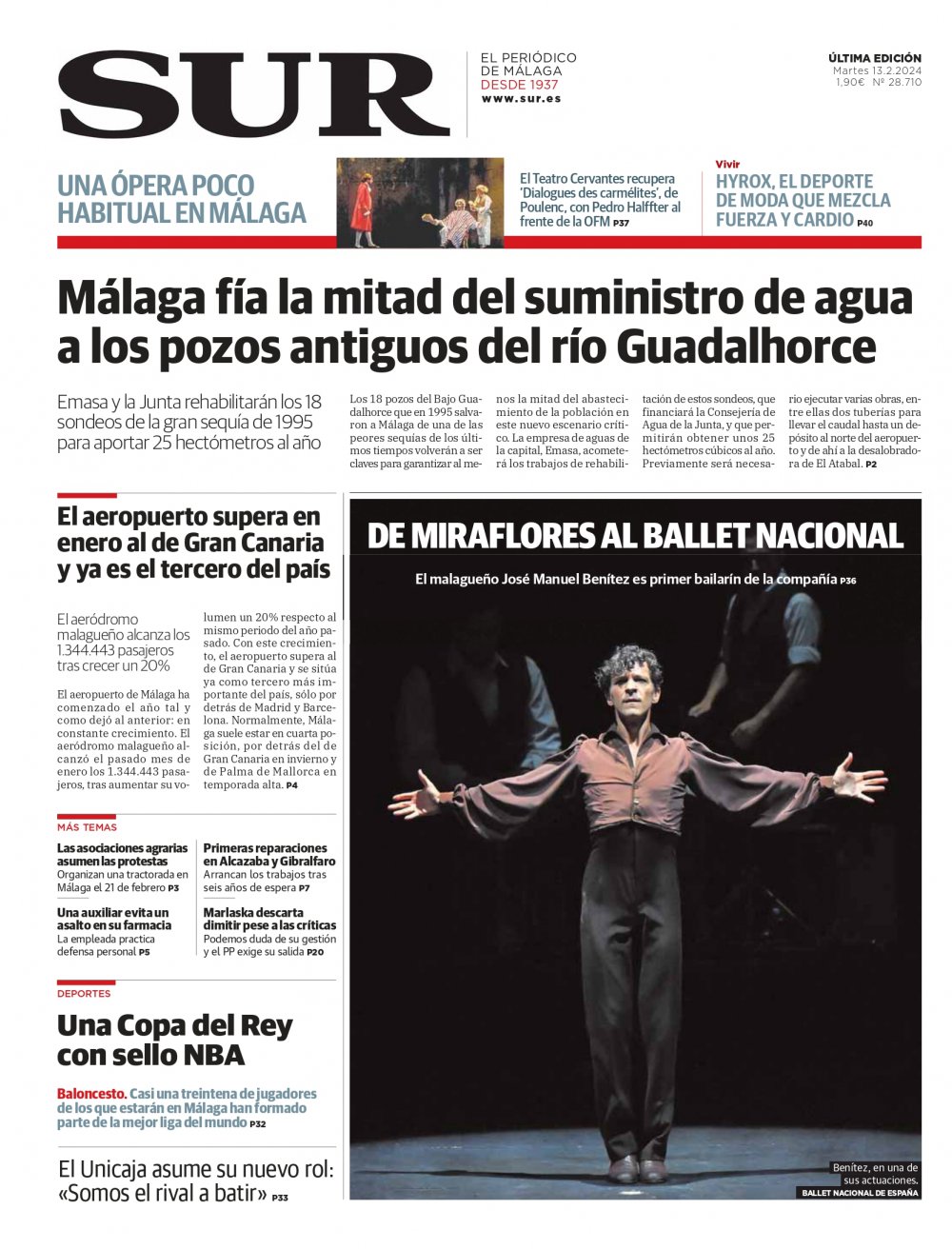 Portada de SUR, 13 de Febrero de 2024