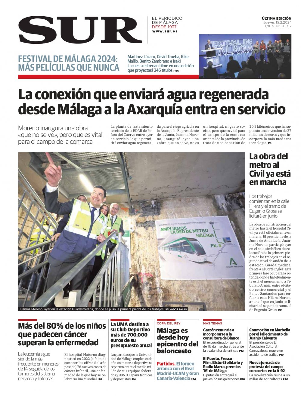 Portada de SUR, 15 de Febrero de 2024